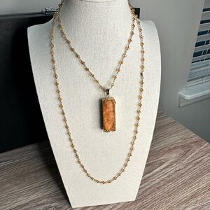 Long Gold Beaded Necklace with Druzy Rough Natural Quartz Amber Citrine Pendant